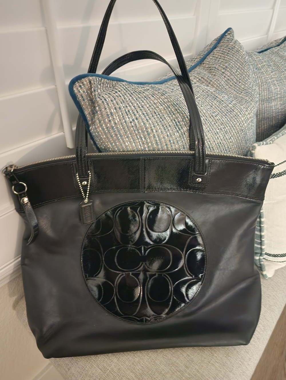 Coach Black Leather Tote with Signature Patent Logo